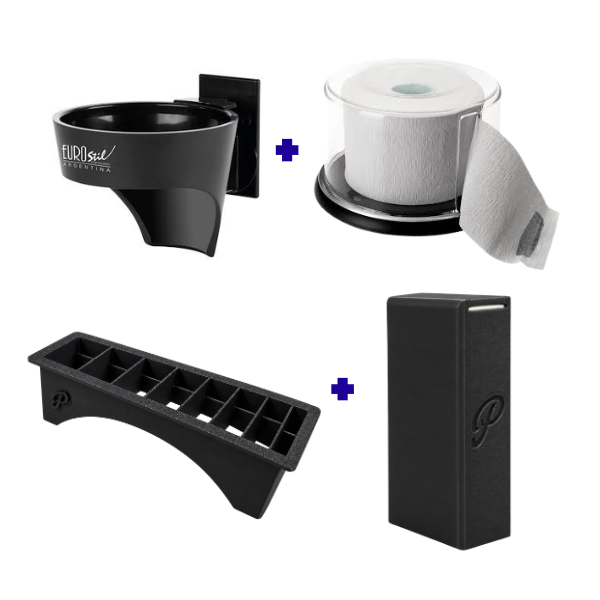 COMBO DE ACCESORIOS PORTA SECADOR + PORTA ROLLO + DISPENSER DE FILOS + PORTA ALZAS
